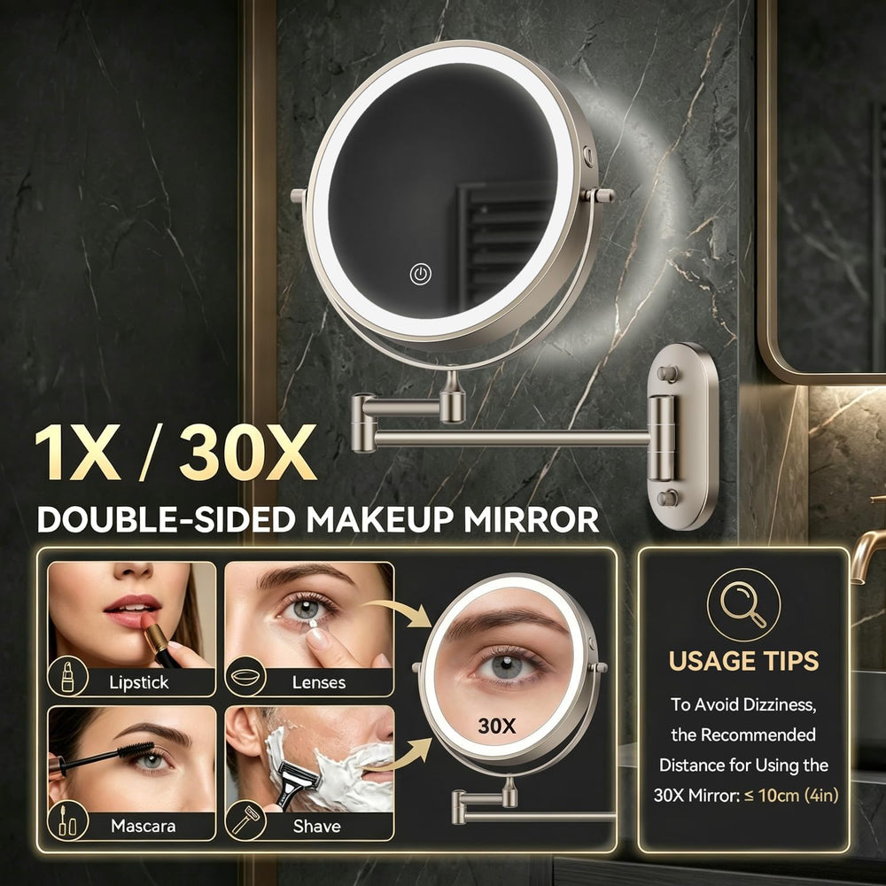 Auxmir 1X/30X Wall Mounted Makeup Mirror, 8" Rechargeable Magnifying Mirror