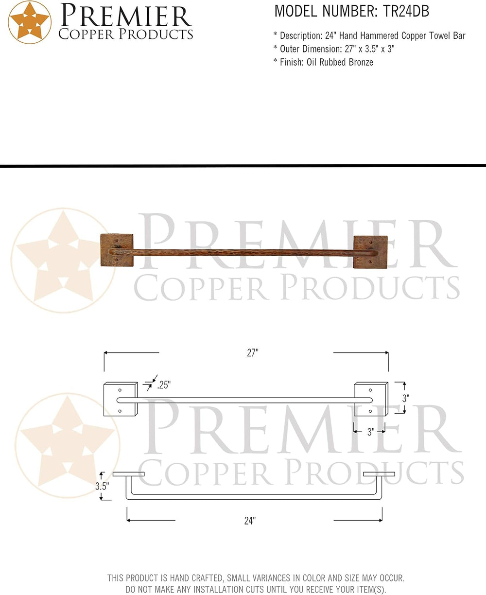 Premier Copper Products TR24DB 24-Inch Hand Hammered Copper Towel Bar, Oil Ru...