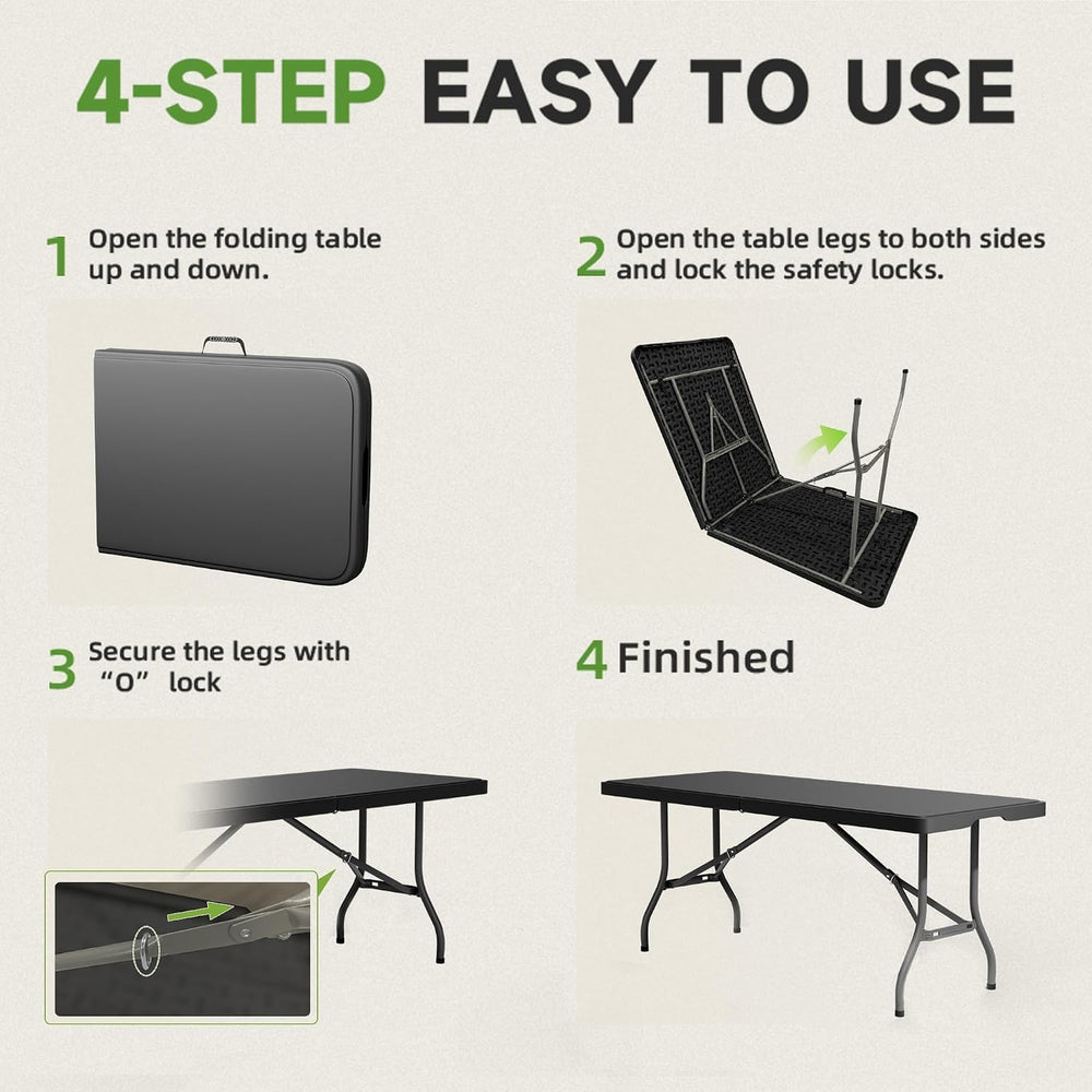 6 Foot Folding Table Black - Durable 330LBS Capacity, Sturdy & Foldable D...