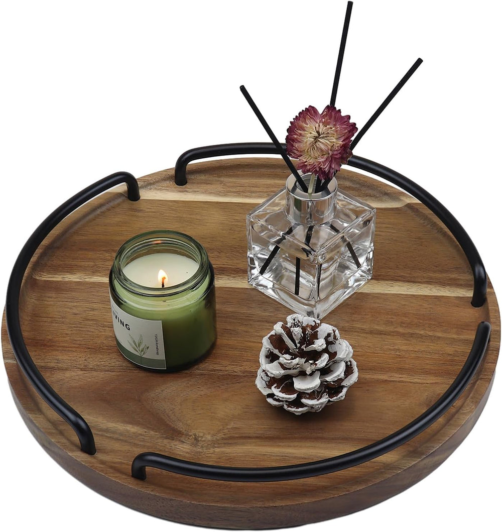 Round Wooden Serving Tray - Rustic Style Decorative Tray for Coffee Table, Li...
