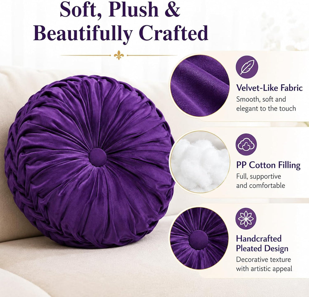 Drydiet 2 Pcs Round Throw Velvet Pillows Decorative Pleated Throw Pillows Dia...