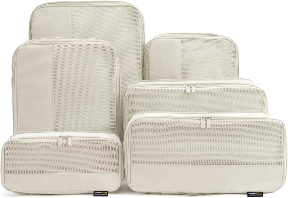 6 Piece Compression Packing Cubes for 7–14 Day Travel, Off White