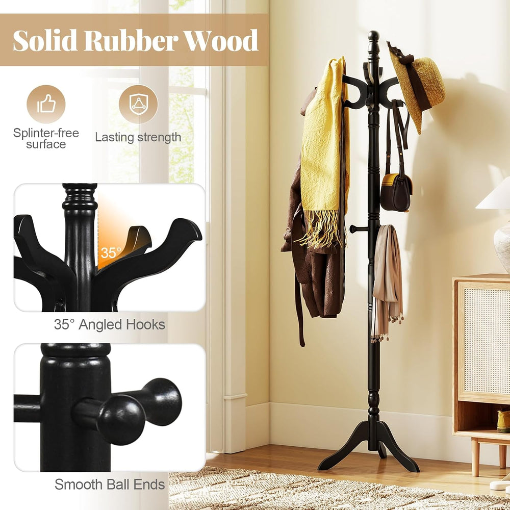 Tangkula Coat Rack Freestanding, Solid Rubber Wood Coat Tree with 11 Hooks an...
