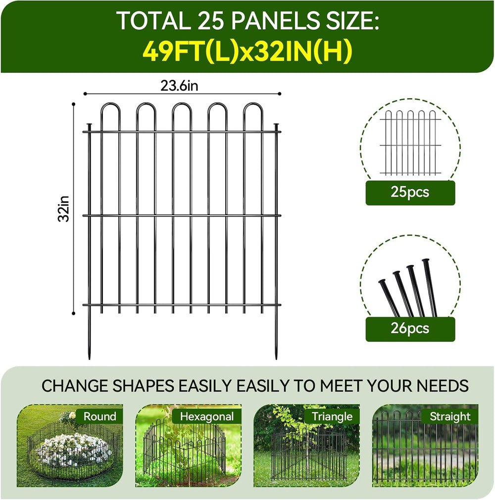 25 Panels Decorative Garden Fence, 50ft X 32in Rustproof Metal Animal Barrier...