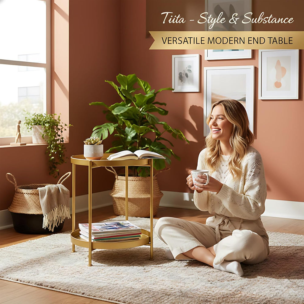 Tiita Gold Round End Tables, 2 Pack, 2-Tier Metal Side Tables, Nightstands