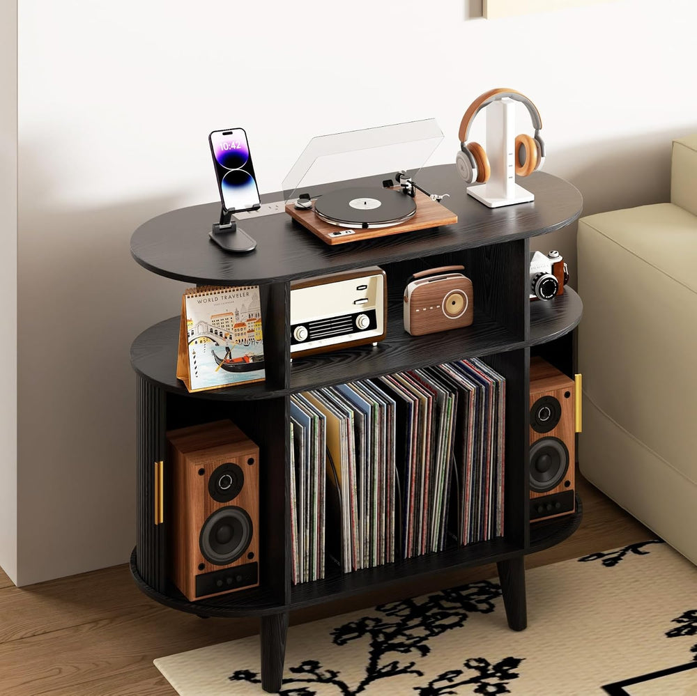 LUVIOHOME Large Round Record Player Stand with Charging Station & USB Ports