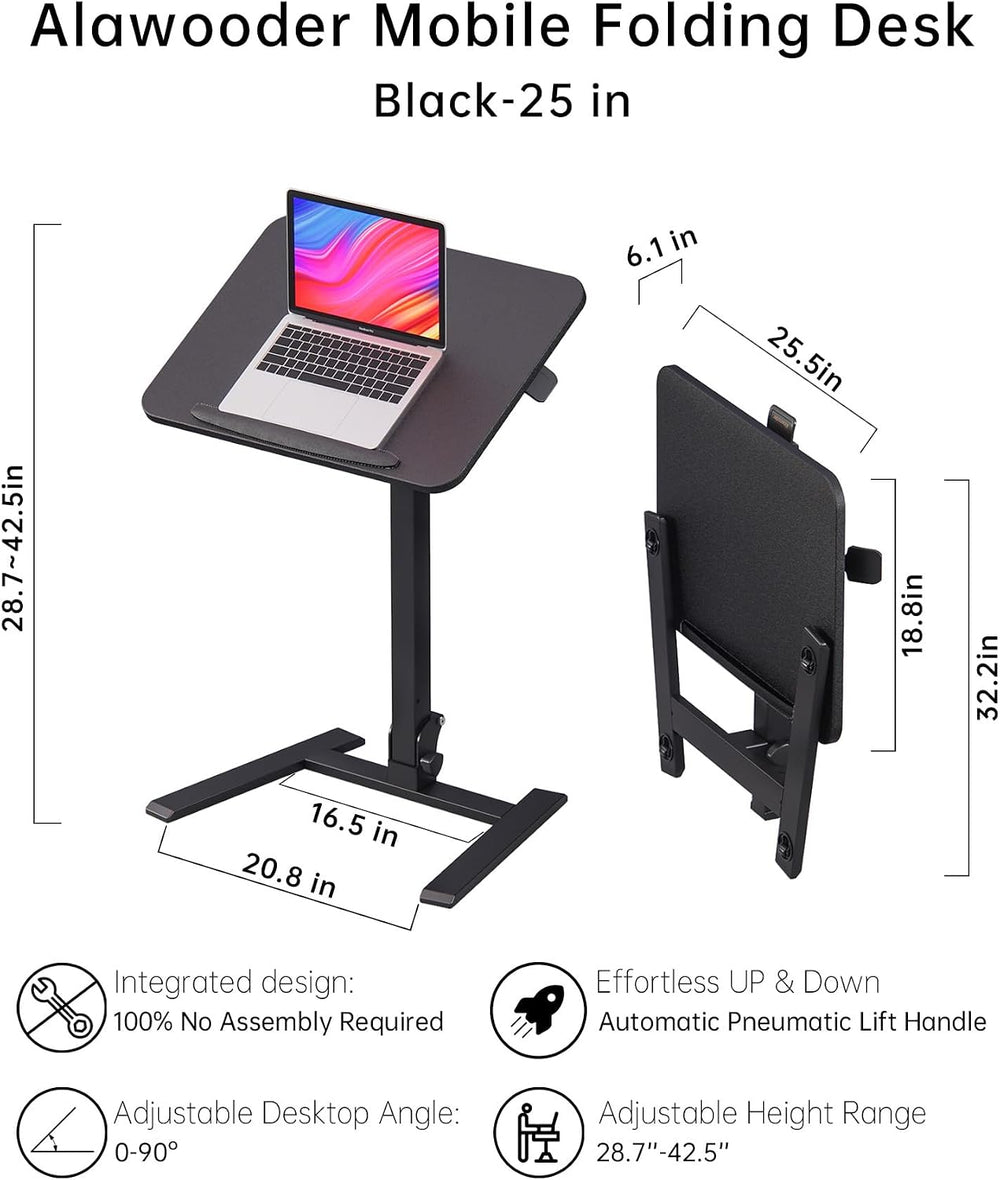 alawooder 25" Mobile Folding Desk: Pneumatic Sit-Stand, No Assembly
