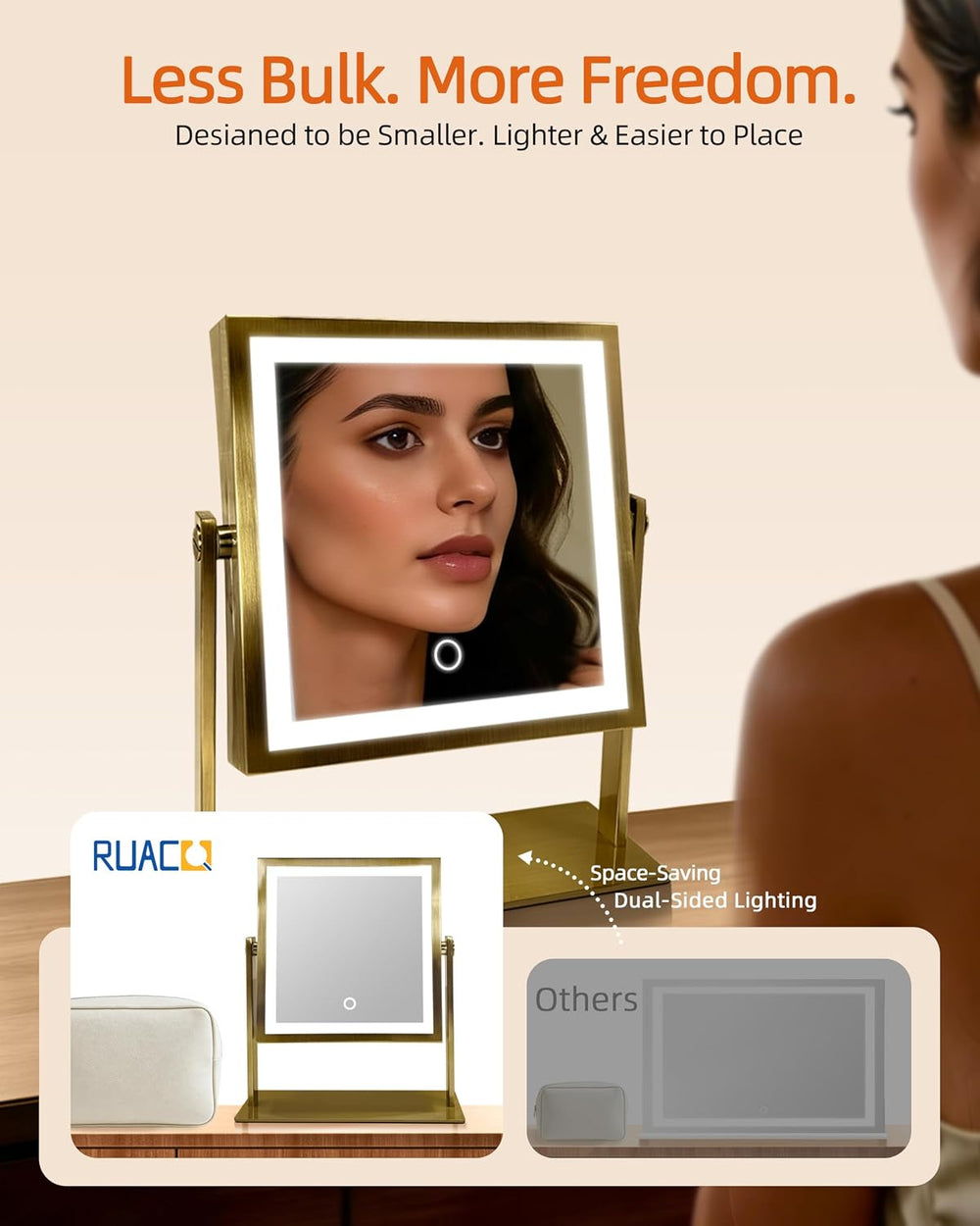 Ruacq Makeup Mirror with Lights, Dual Sided 1X/10X, Antique Brass