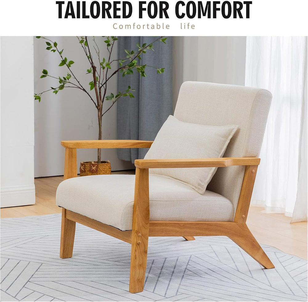 UNICOO Mid Century Modern Reading Chair with Wood Arms, Beige/Natural