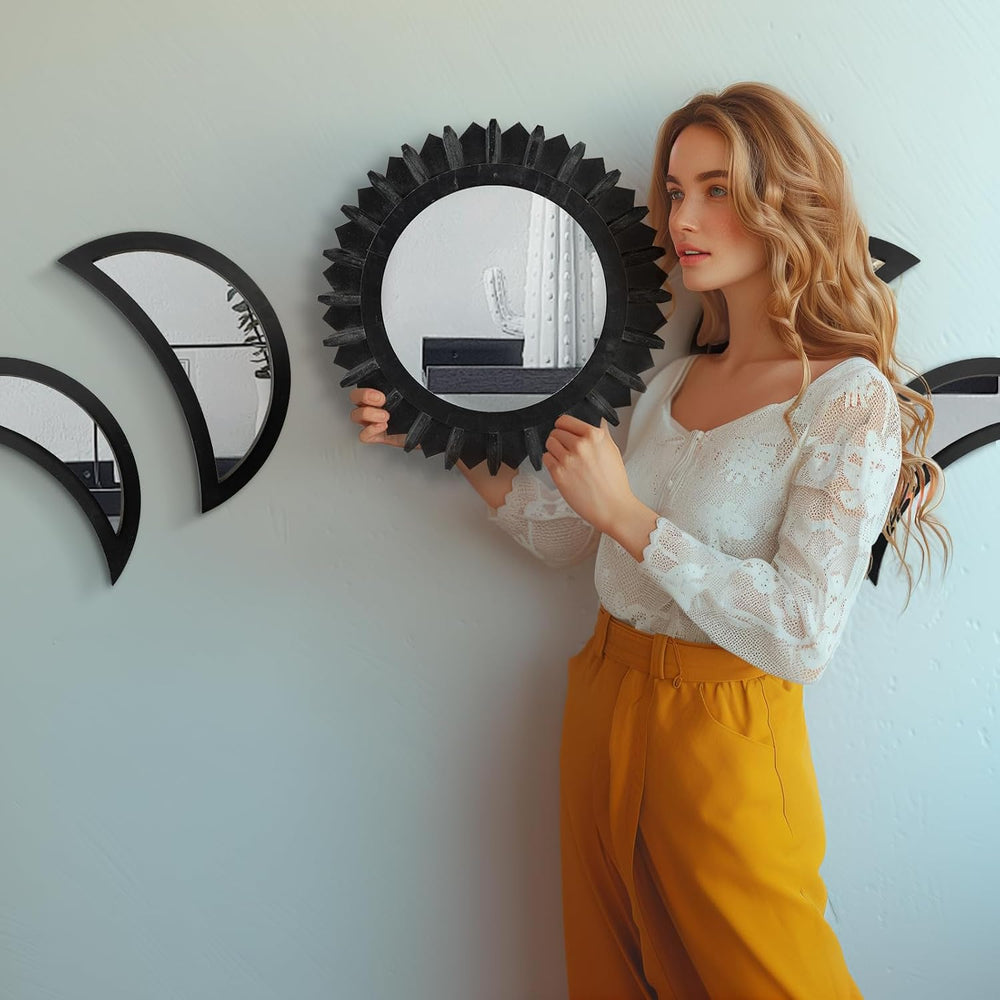 WAKOSAN Moon Phase Wall Mirror Set, 5PCS Wooden and Real Glass Mirrors