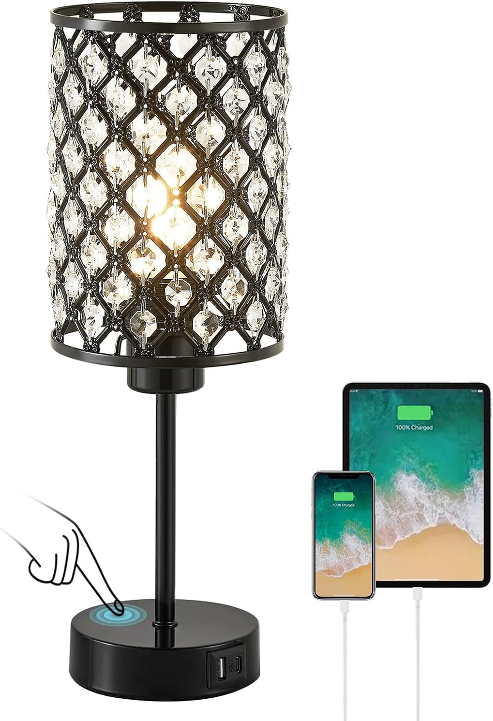 Crystal Table Lamp, Black Touch Lamp with USB C+A Port, 3-Way Dimmable