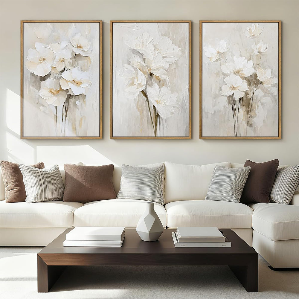Anyzal Framed Neutral Beige Floral Wall Art Large 16x24 Inch White Cream Flow...