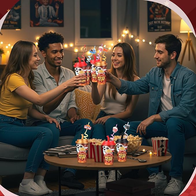 Yungyan 24 Sets Movie Night Party Favors Goodie Cups with Lids and Straws for...