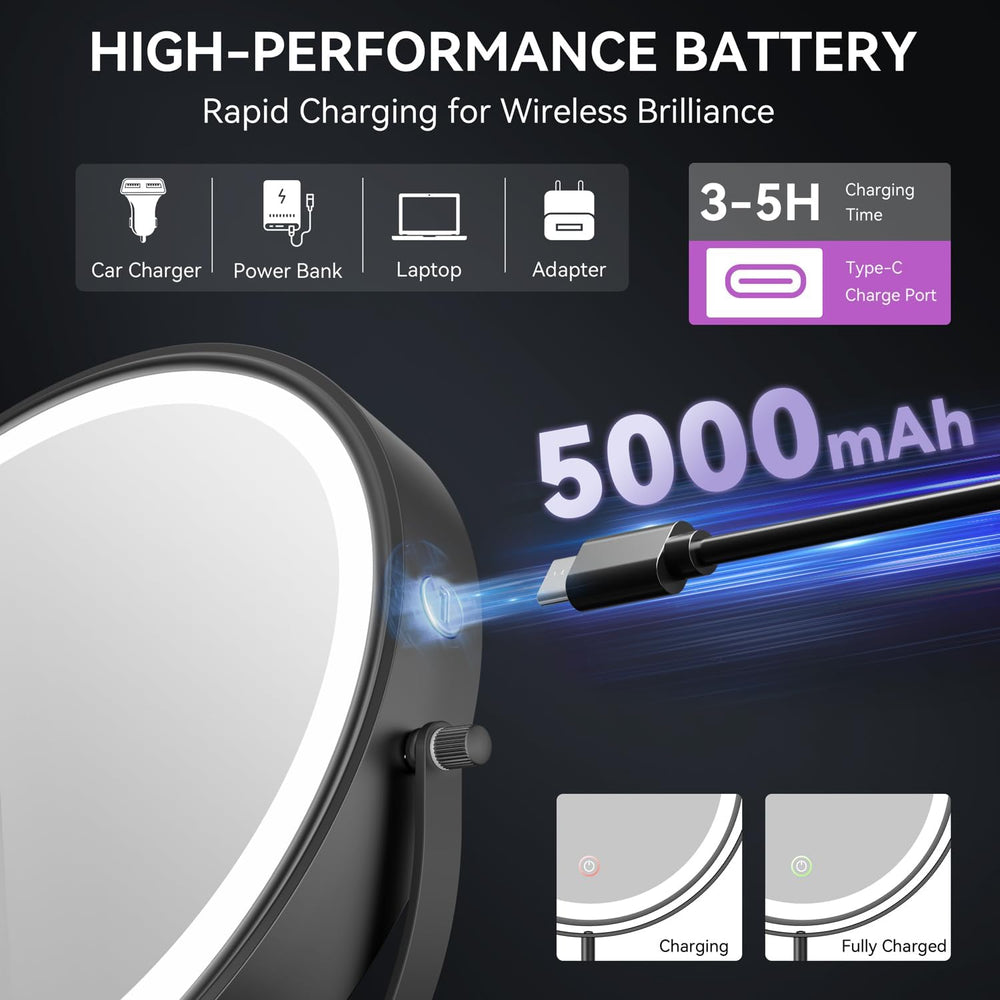 Auxmir 9" 5000mAh Magnifying Mirror, 1X/30X Lighted Makeup Mirror, Black