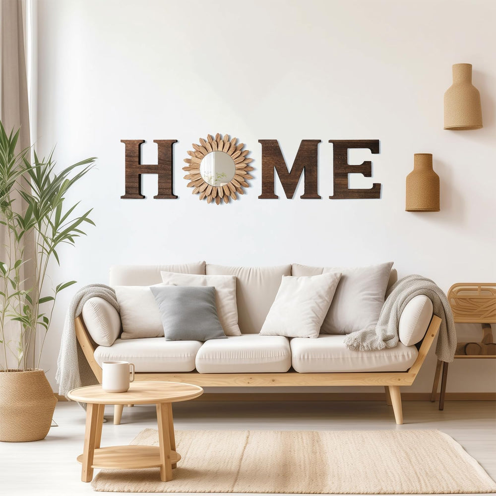 CHIF HAUTH Wood Home Sign with Sunflower Shaped Wood Mirror