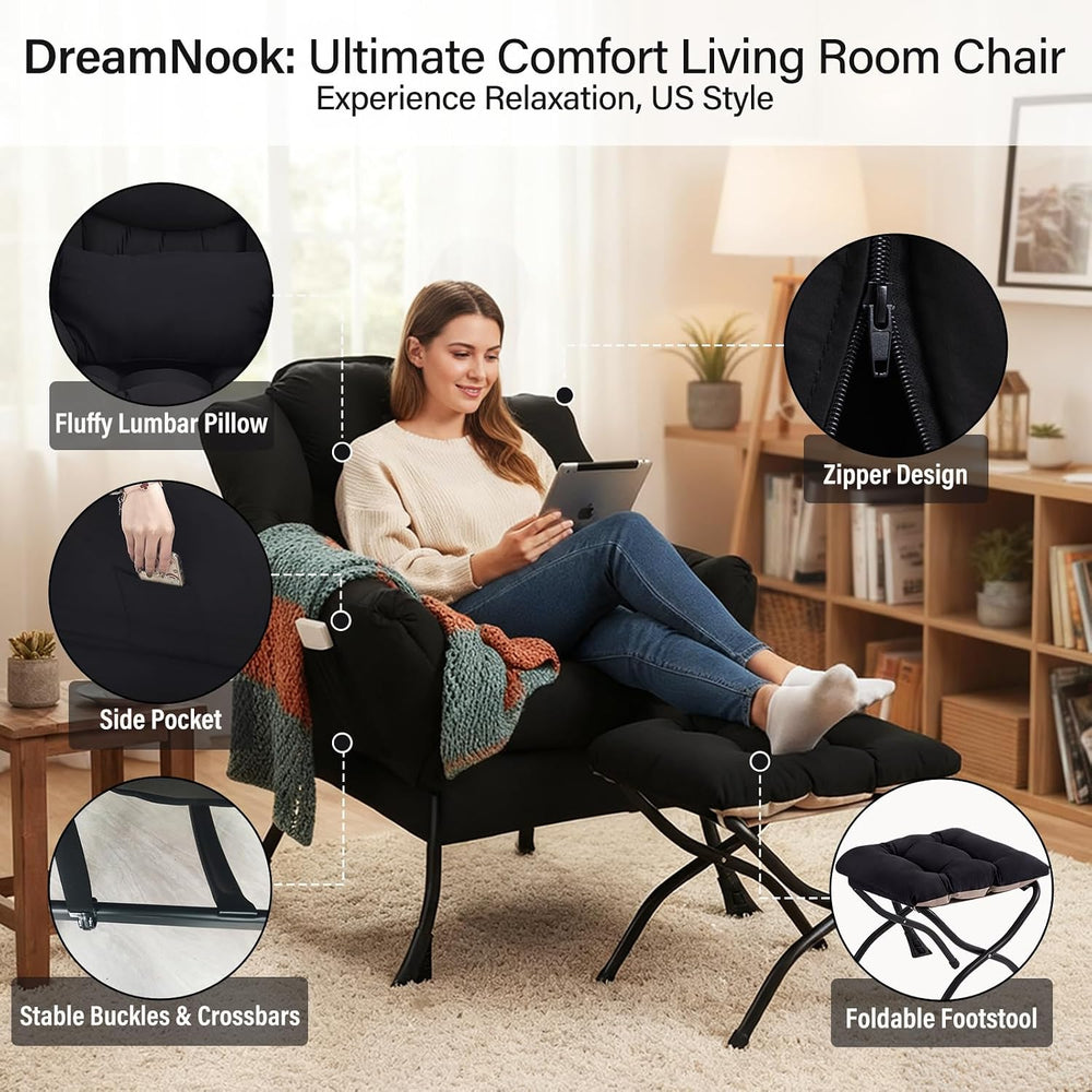 Lazy Chair with Ottoman, Comfy Chair with Pillow, Black