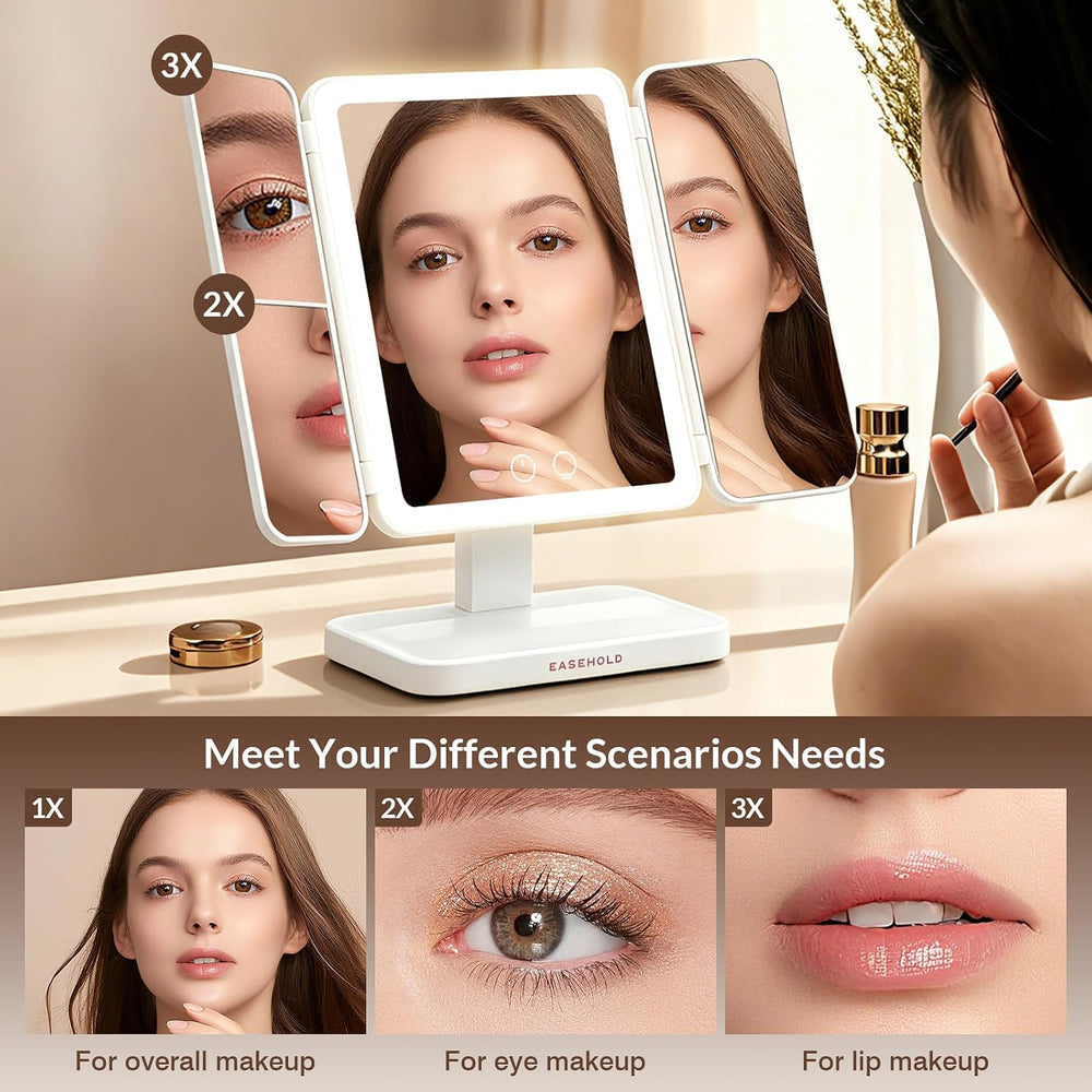 EASEHOLD Trifold Lighted Makeup Vanity Mirror with 1X/2X/3X Magnification