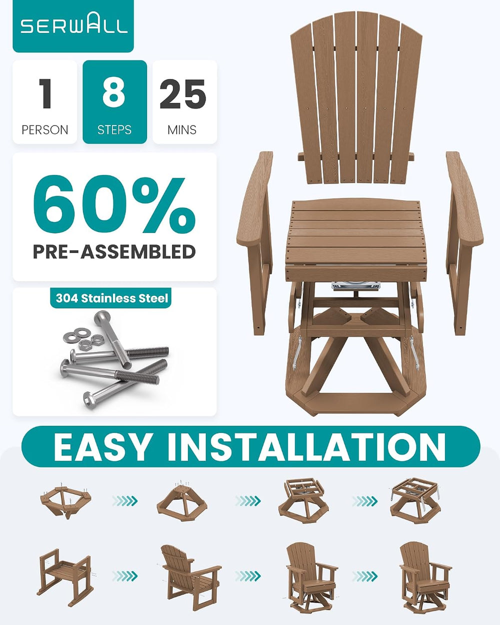 SERWALL HDPE Adirondack Swivel Glider Chair Set of 2 for Outdoor