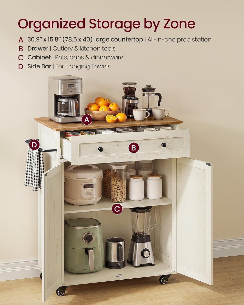 VASAGLE Mobile Kitchen Wooden Island Cart with Storage for Dining Room