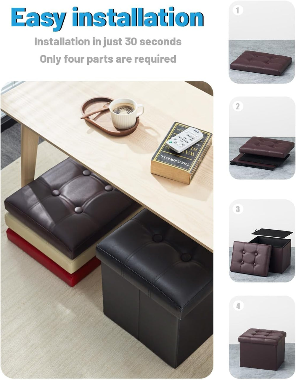 AmasSmile Ottoman with Storage,Folding Stool,17" Leather,Brown 2 Pack