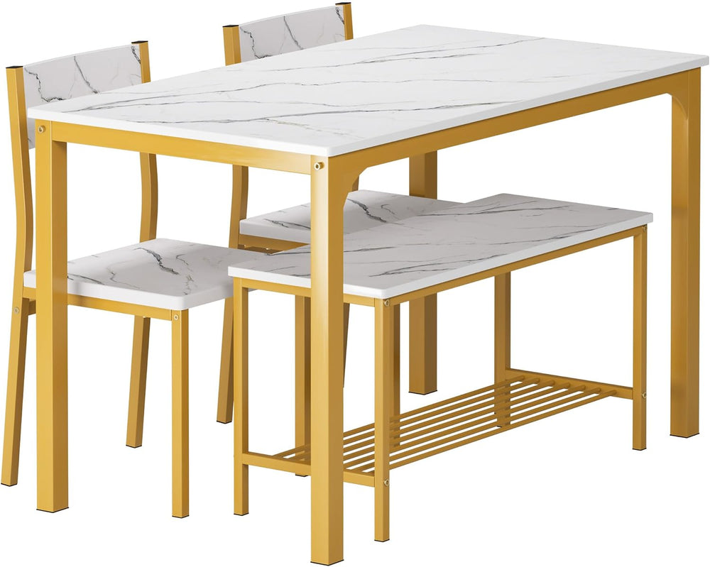 soges Kitchen Table Set for 4, Nesting Table with 2 Chairs & Bench, Marble