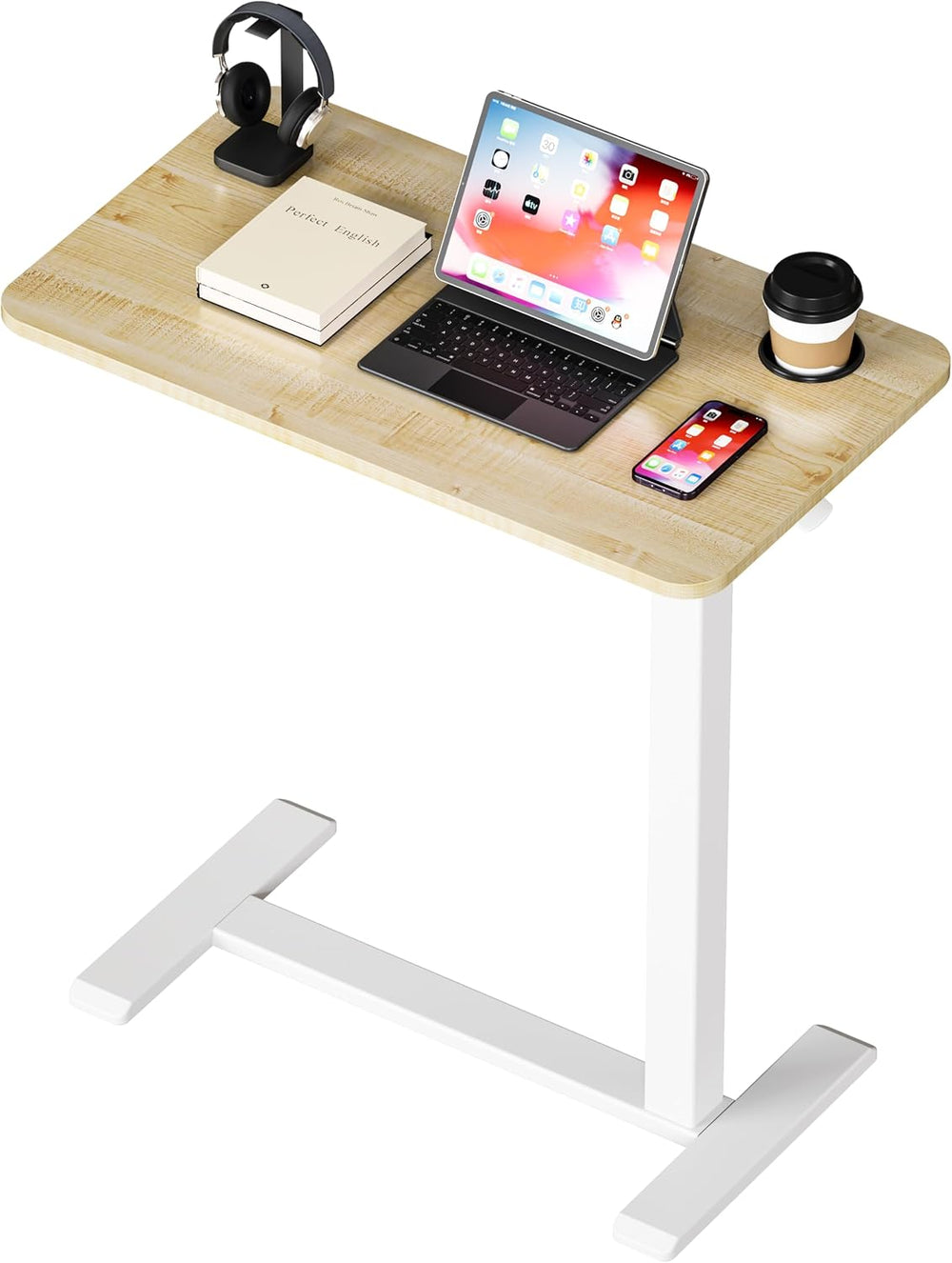 BIZUM Adjustable Bedside Table with Swivel Hidden Wheels Pneumatic Rolling De...