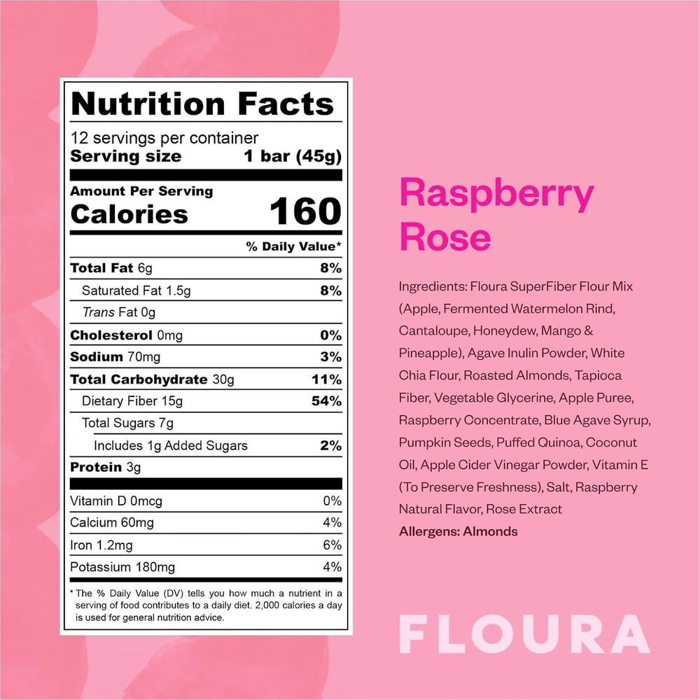 Floura Raspberry Rose Fiber Bars – 15g Diverse Fiber, 12 Plants (12 Pack)