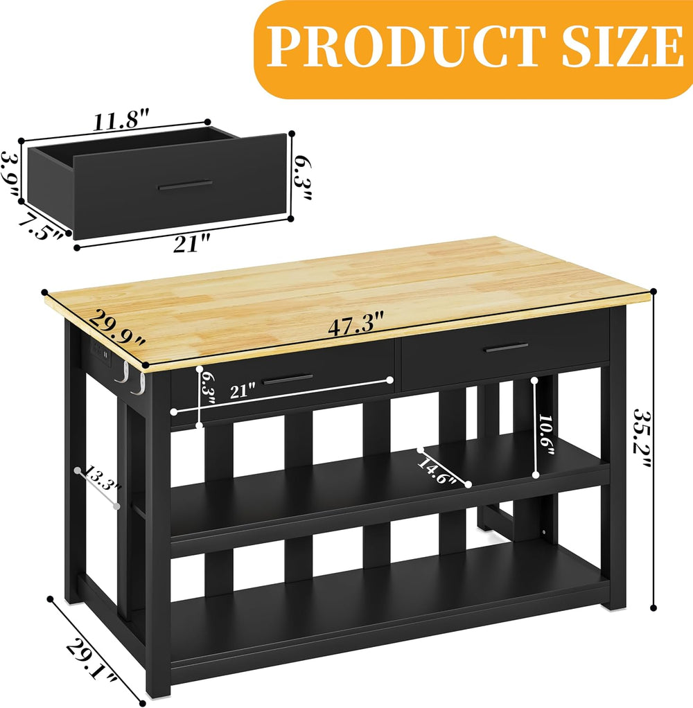 47.3" Kitchen Island with Power Outlets - Solid Rubberwood Top, Black