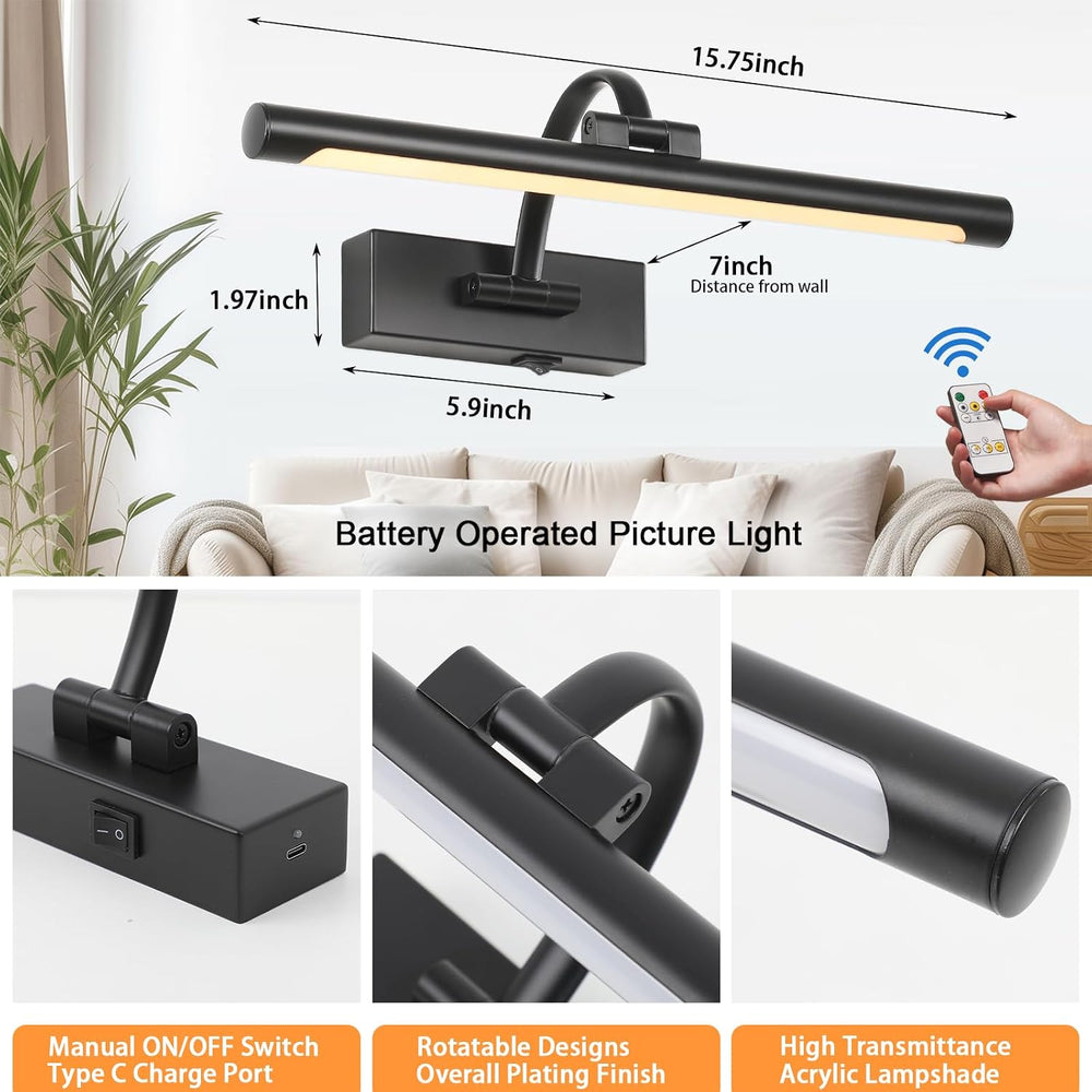 Tassuowell Wireless Battery Operated Picture Light,Rechargeable Wall Light wi...