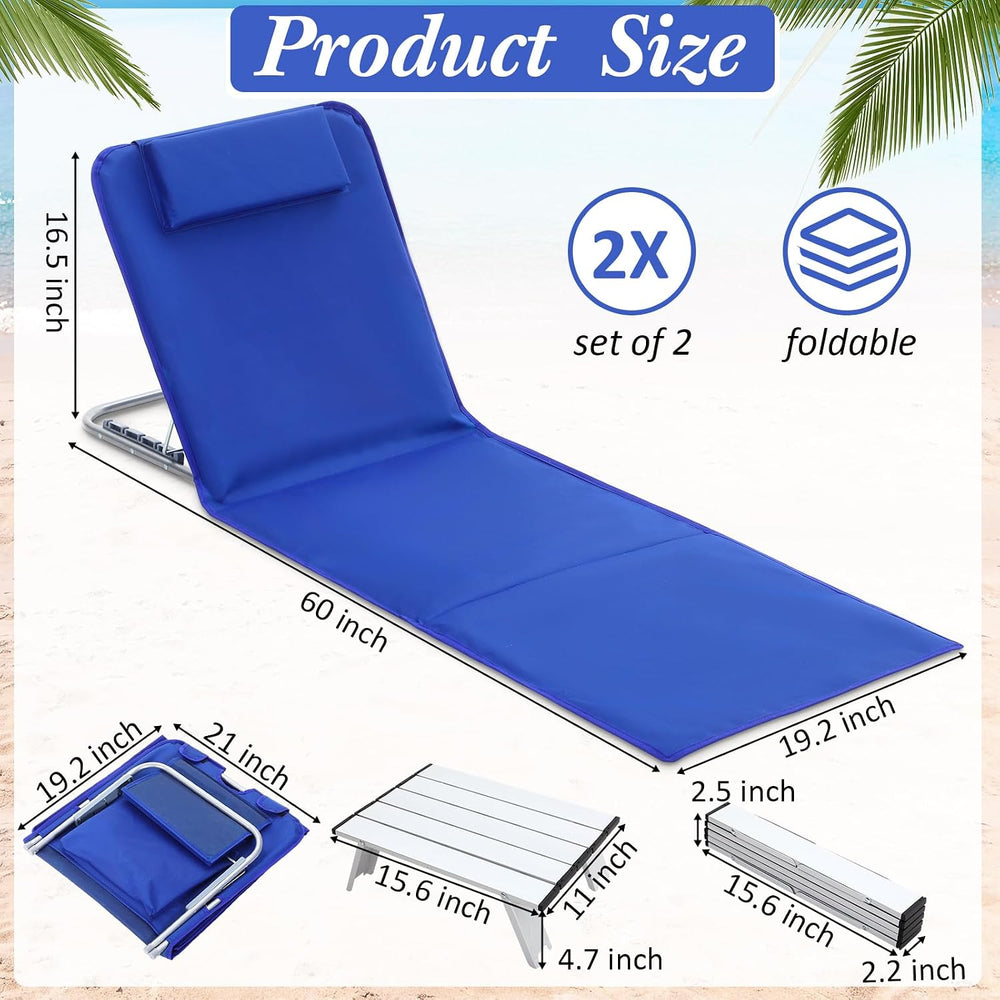 Beeveer 6 Pcs Beach Lounge Chaise Chair with Folding Side Table, Deep Blue