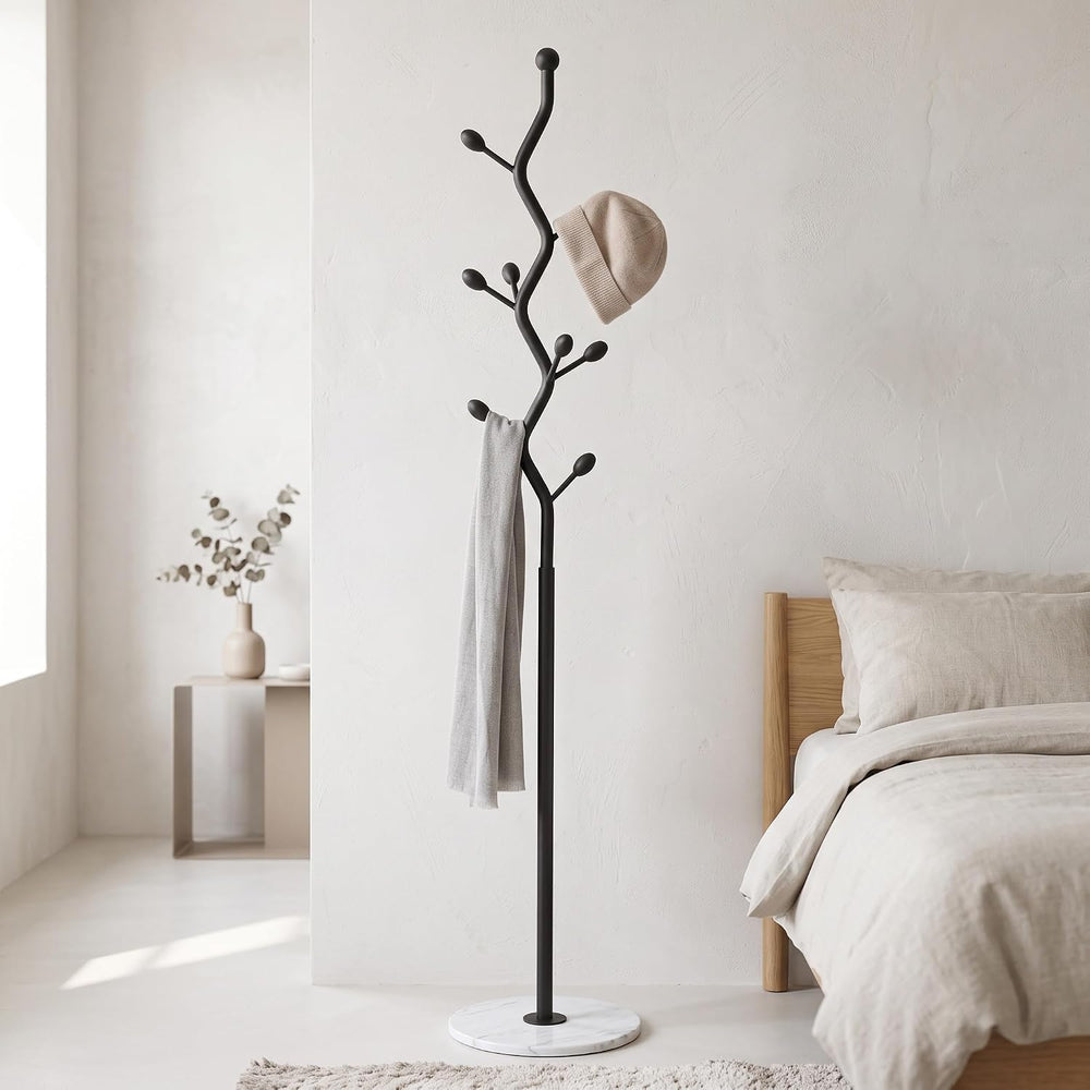 Black Freestanding Coat Rack & Tree Marble Base 9 Hooks