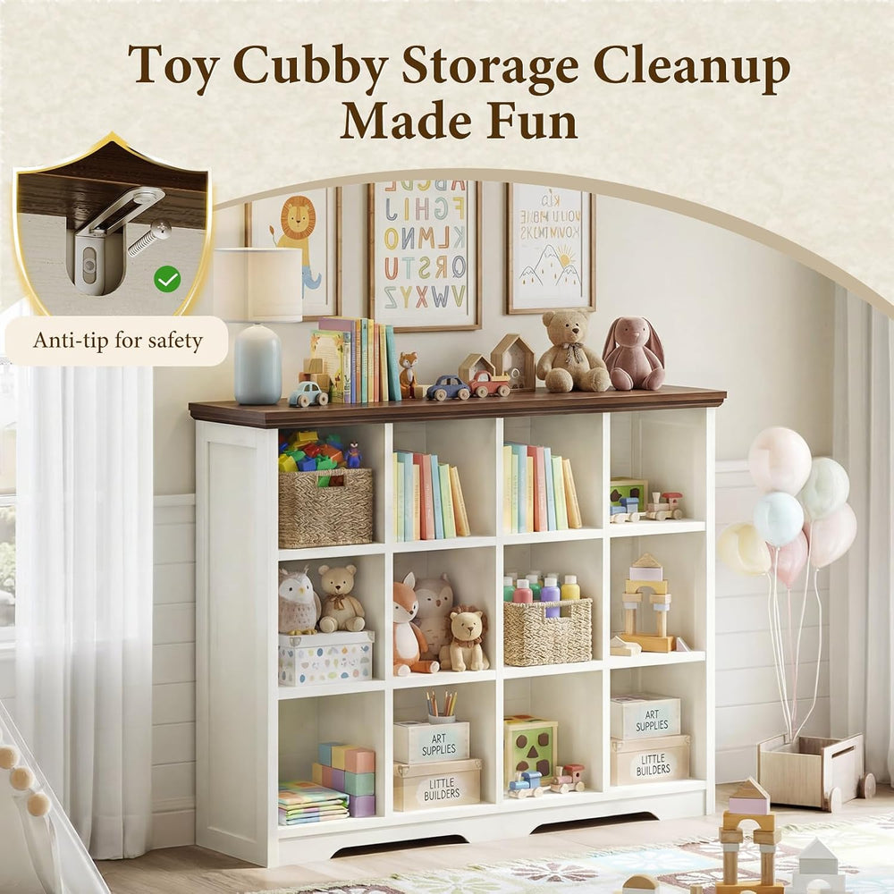 OffiGo 12 Cube Organizer Bookcase, Cube Shelf with Storage, Walnut + White