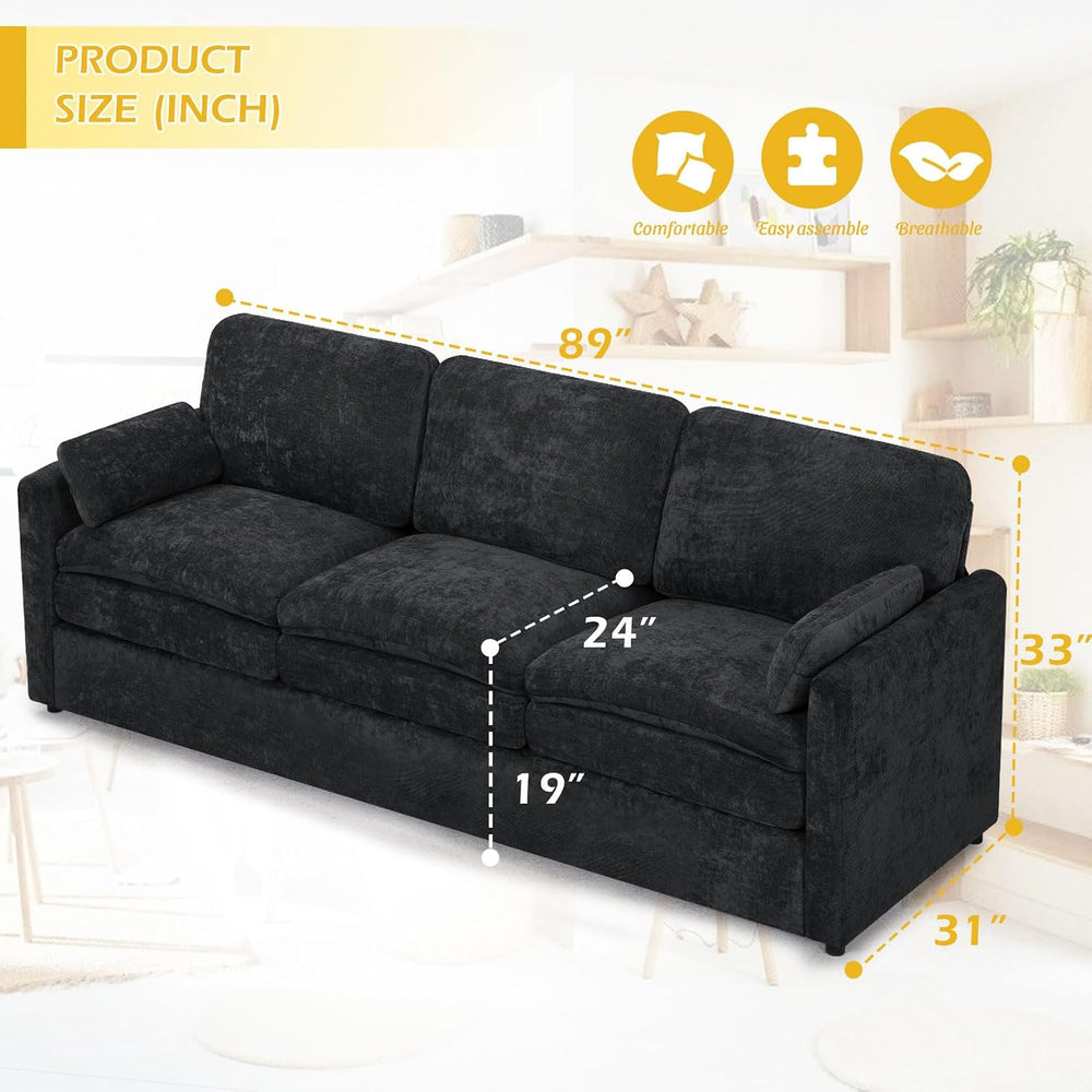 3 Pieces Chenille Sofa Set w/Two Arm Pillows, Black