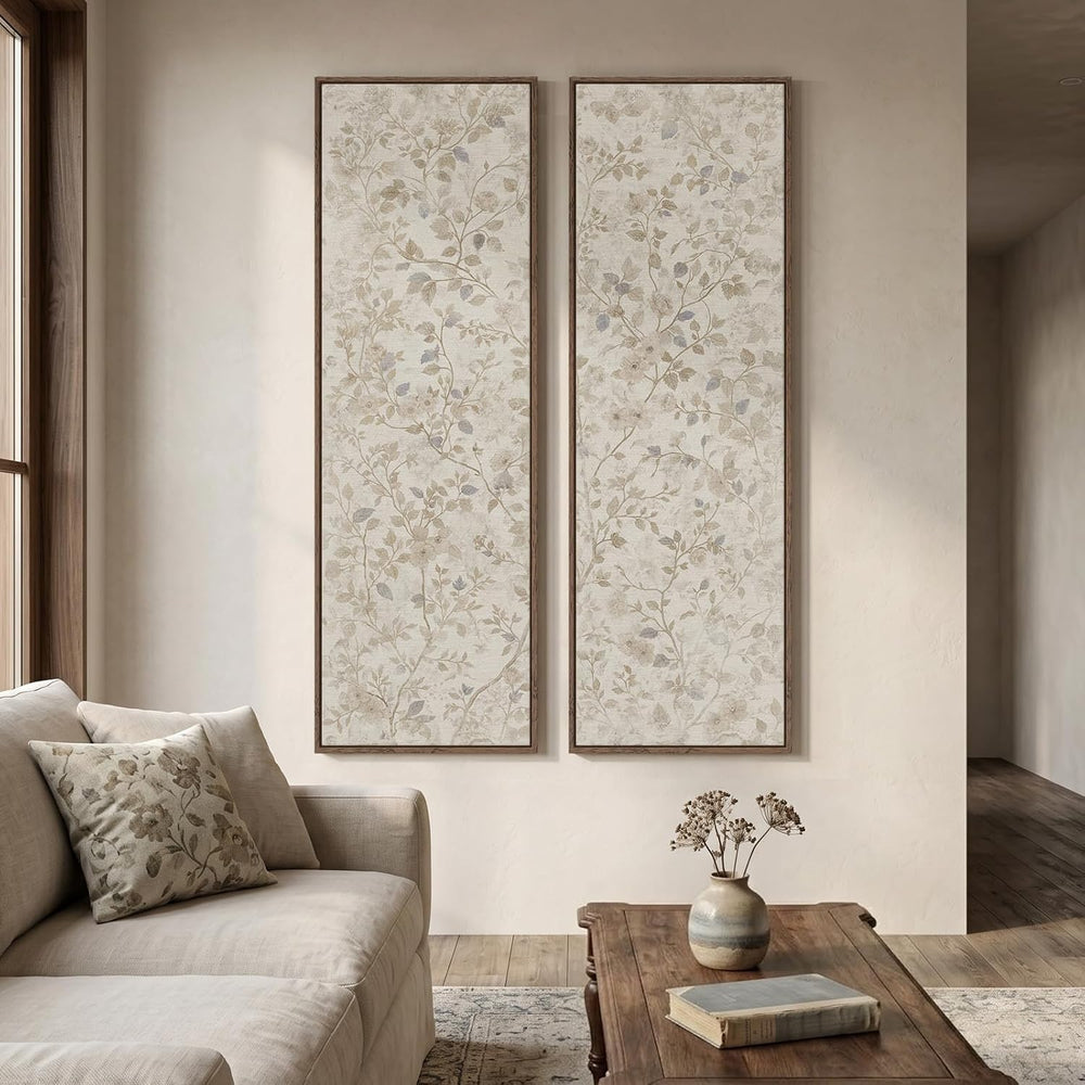Framed Vertical Vintage Neutral Botanical Wall Art for Living Room, 60x20