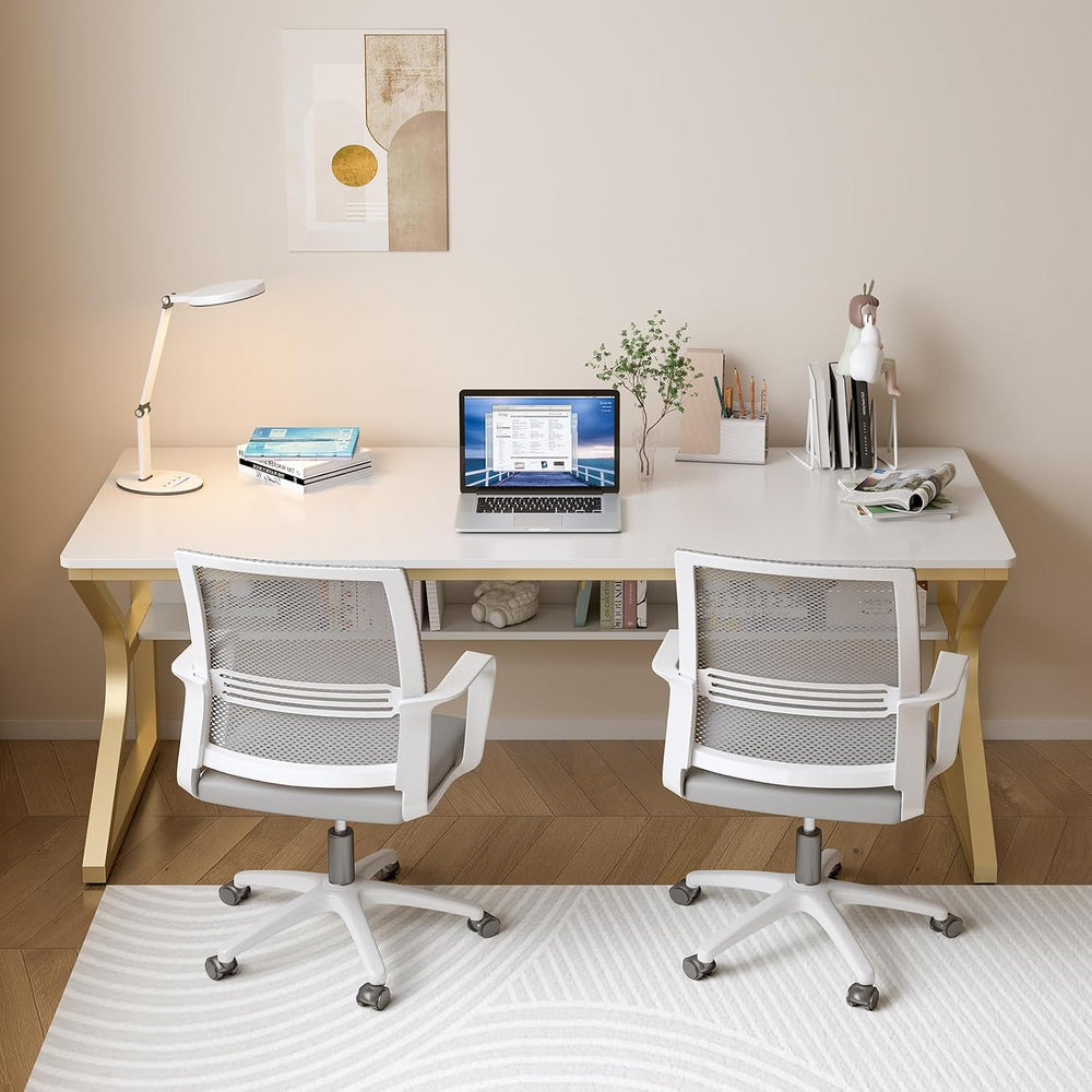 OSCHF 63-Inch Extra Long Desk with Storage Shelf, Gold