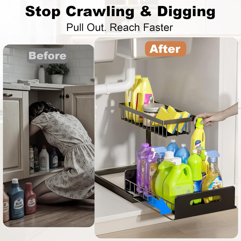 REALINN Under Sink Organizer, L-Shaped Pull Out Cabinet Organizer, Kitchen