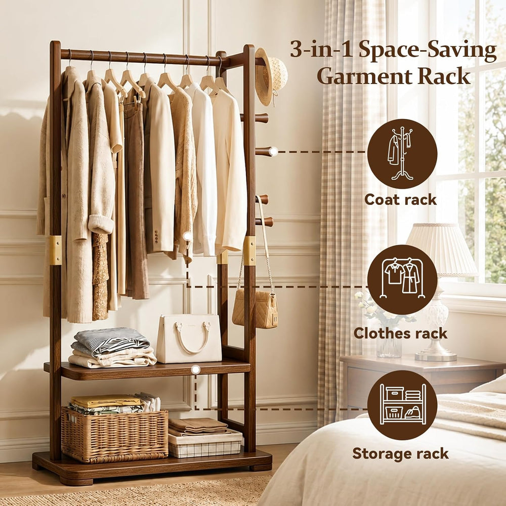 Taitiy Coat Rack Solid Wood Clothes Rack Storage, 2 Shelves 5 Hooks