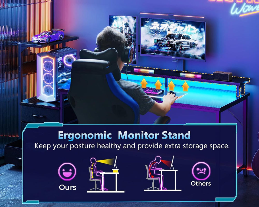 AODK Gaming Desk w/PC Showcase Stand, 59" Reversible, RGB LED