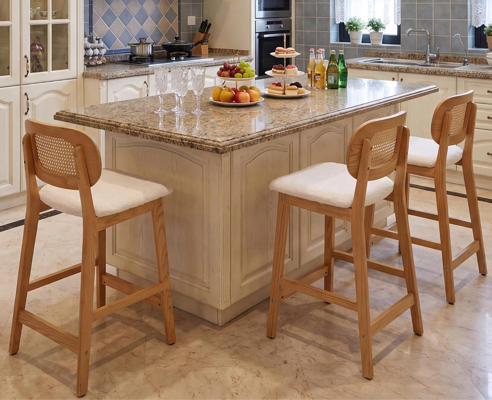 EALSON Rattan Counter Height Bar Stools Set of 3 Modern Farmhouse Barstools w...