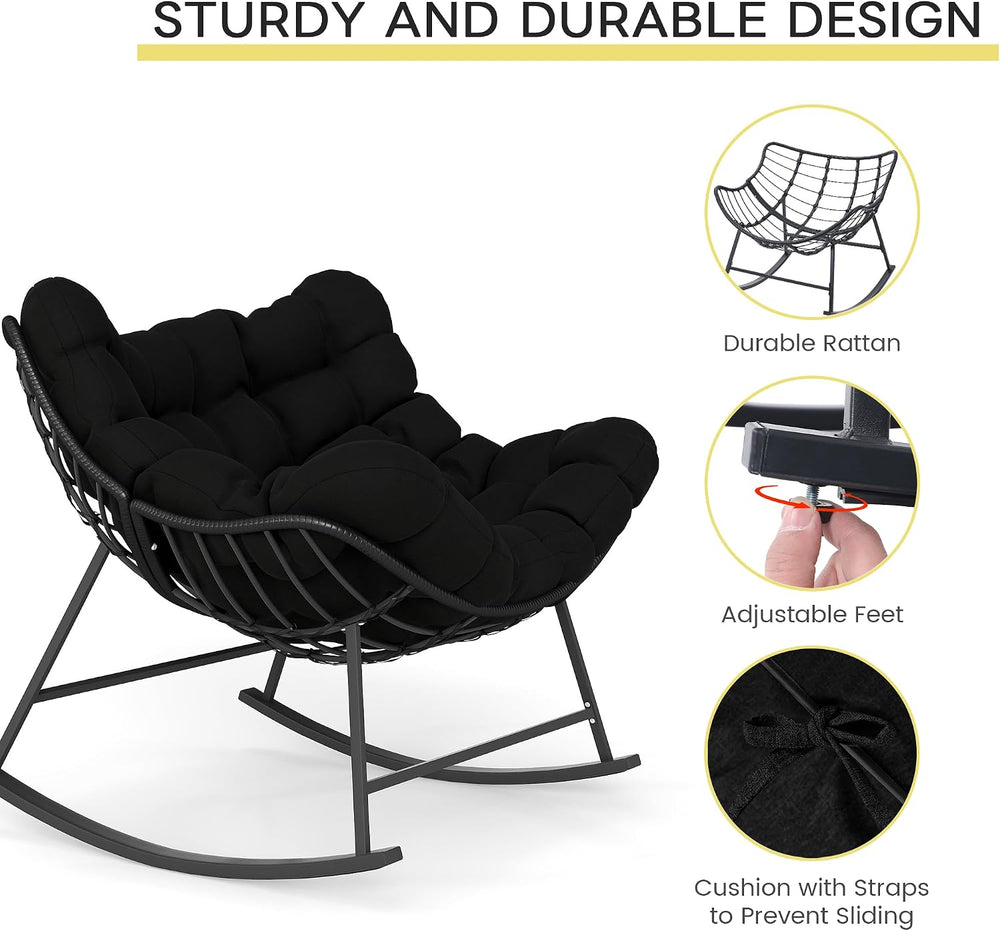 Kromax Oversized Outdoor Papasan Rocking Chair Set of 2, Black