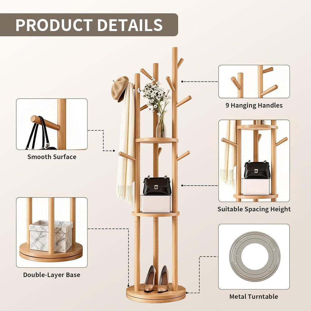 Solid Wood Rotary Coat Rack, Coat Rack Freestanding with 3 Storage Shelves &a...