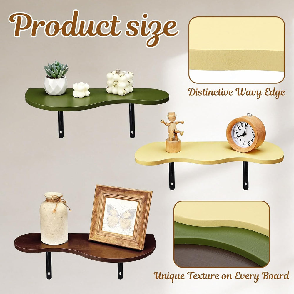AceOrbit 3 Pcs Mid Century Floating Shelves Wavy Cloud Shelves Wooden Shelf L...