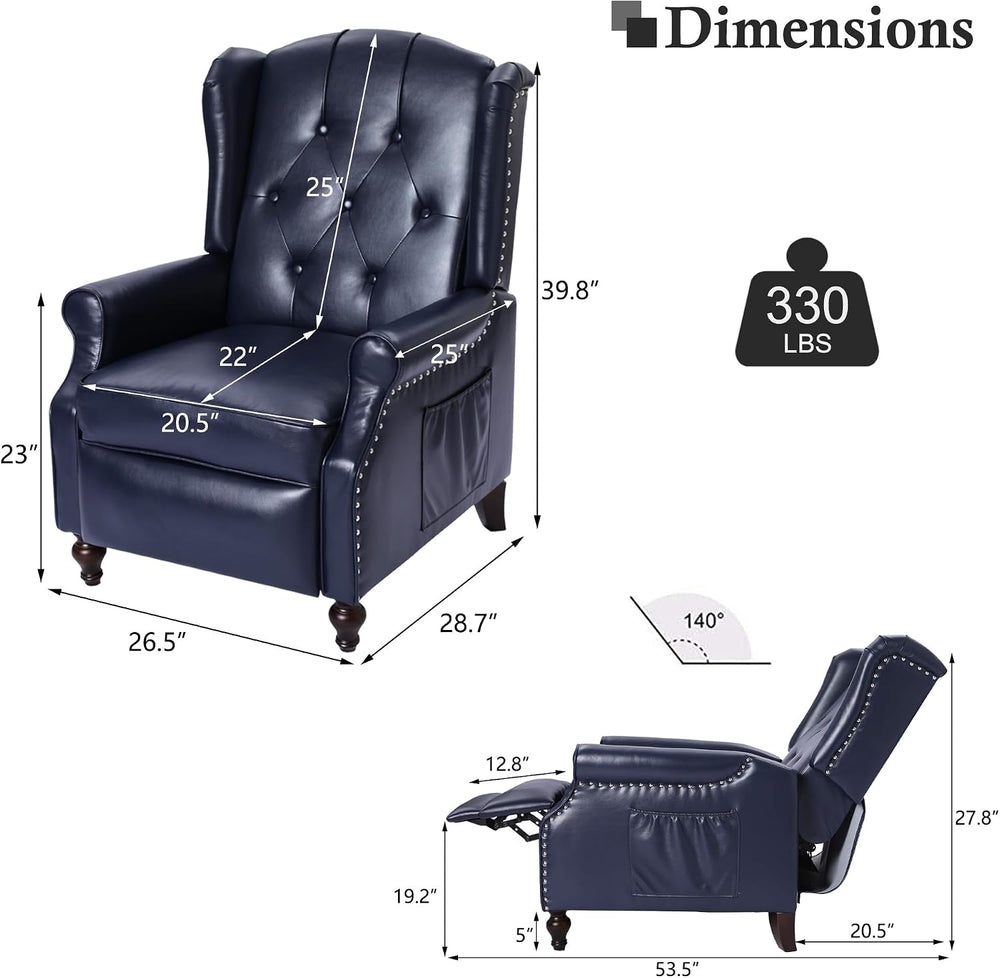 Wingback Chair, Push Back Recliner Armchair, Navy Blue, Pair