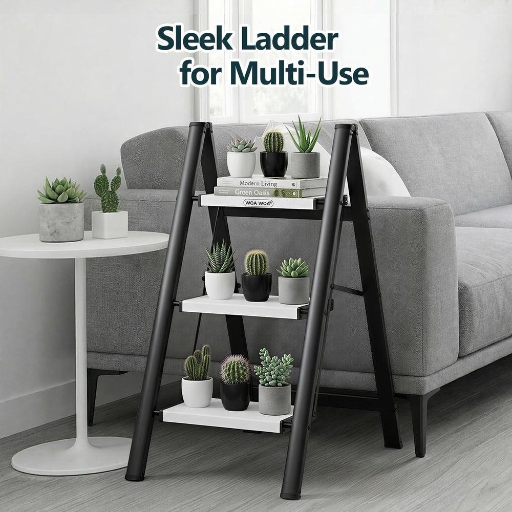 WOA WOA 3 Step Ladder, Foldable Step Stool, 300lbs Load, Black & White