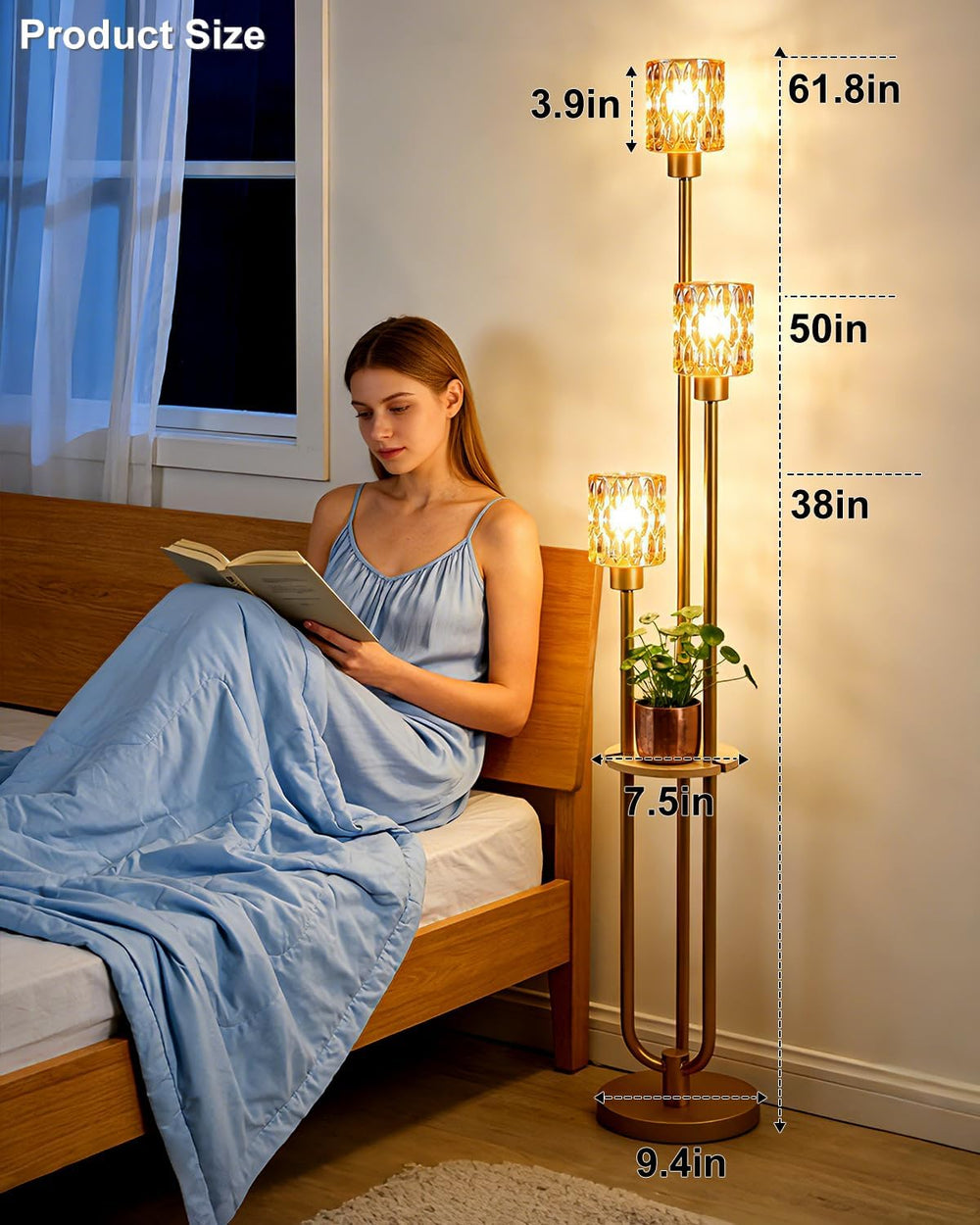 62IN Gold Floor Lamp with Amber Glass Shade 3-Lights Mid-Century Modern Farmh...