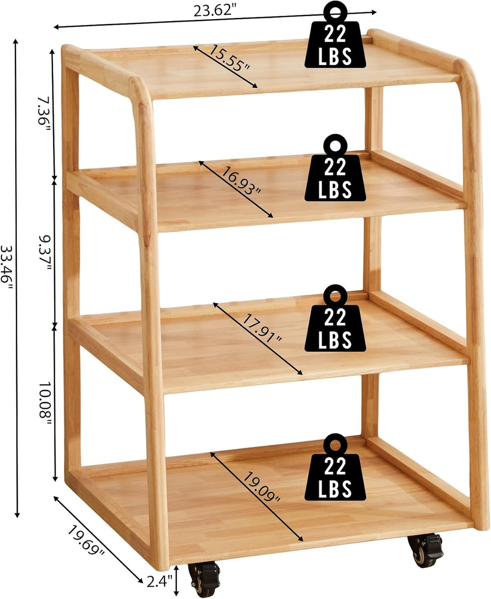 Solid Wood AV Media Stand, 4-Tier Audio Rack with Lockable Casters