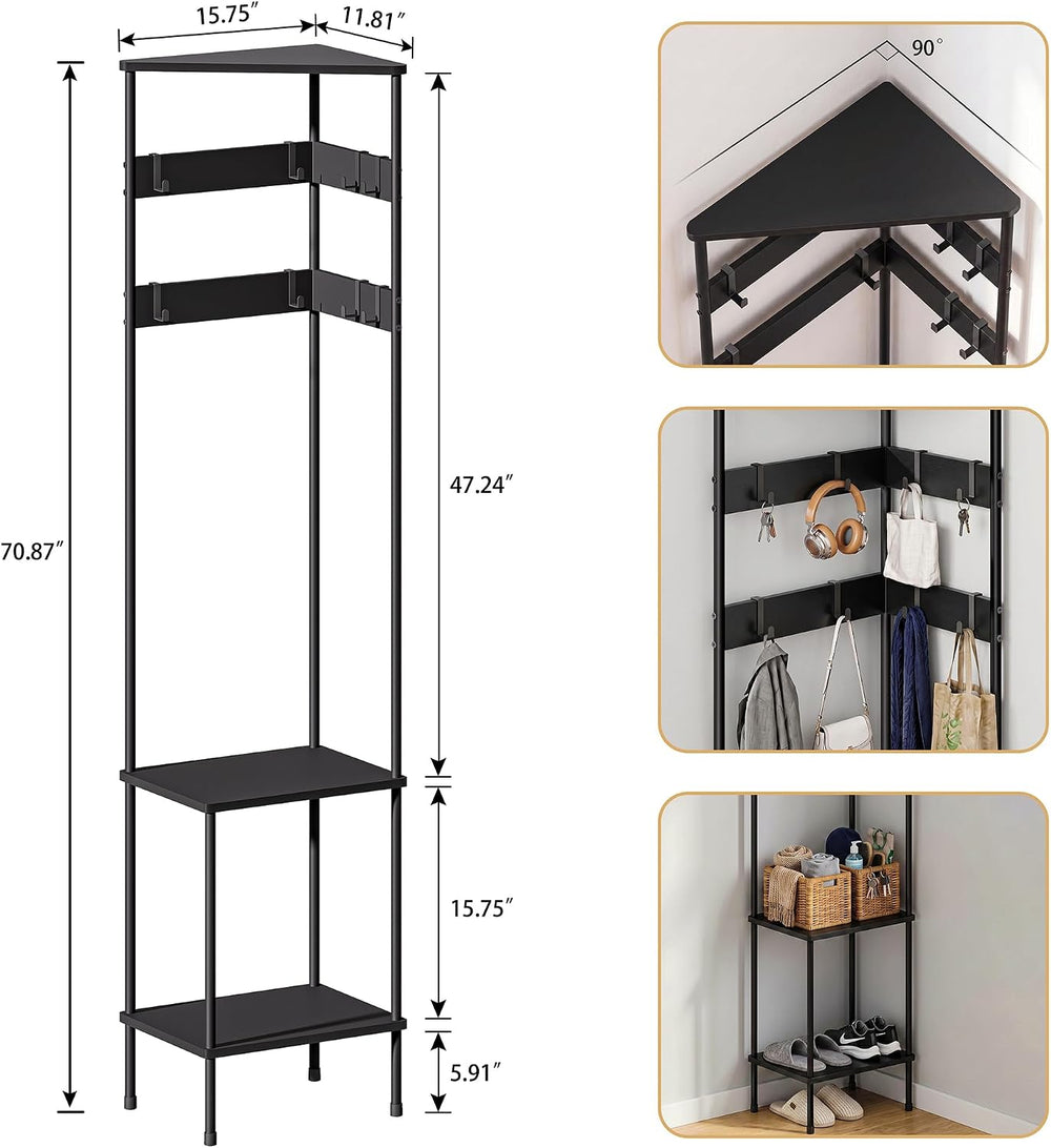 Corner Coat Rack Freestanding with Shelves and 8 Hooks, Black