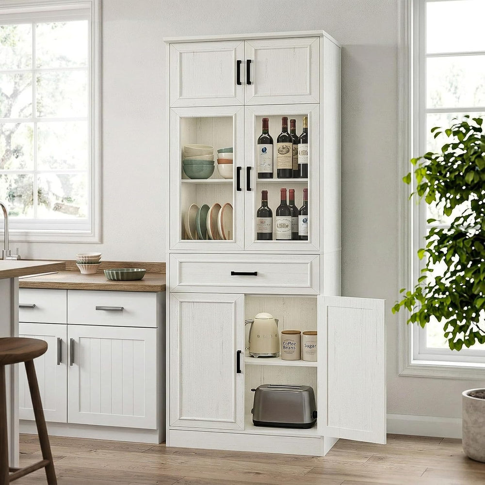 Unikito 80" Kitchen Pantry Cabinet with Glass Doors and Drawer Organizer