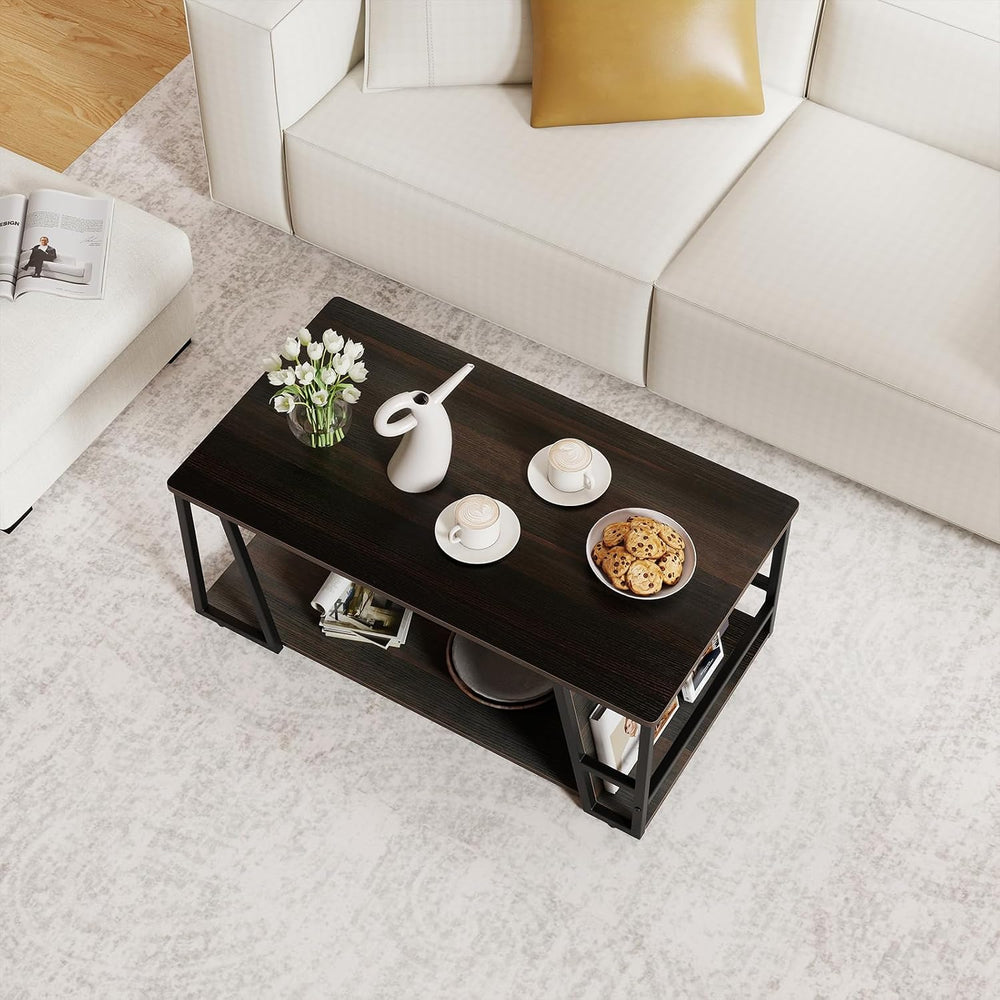 GIANTEX Modern Coffee Table with Storage, 2-Tier Wood Center Table, Brown