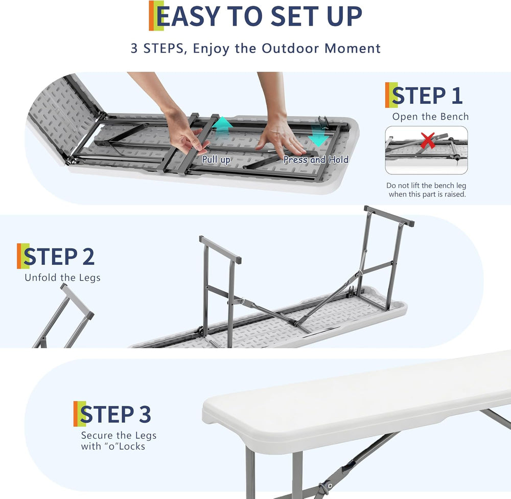 Portable Folding Bench 6 Foot, Plastic Foldable Bench, 2 Pack, White